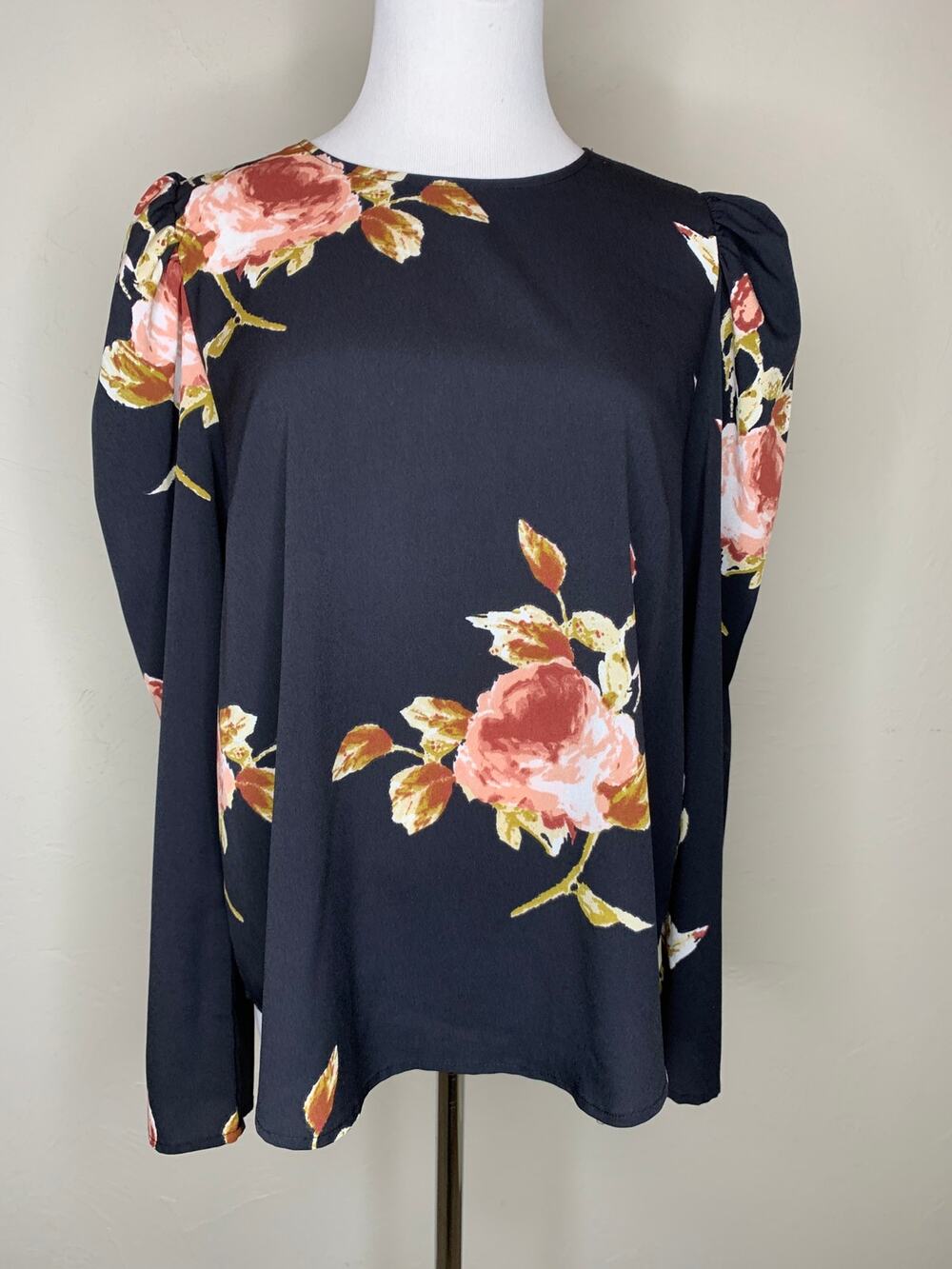 Alex Marie Black Pink Blush Rust Floral Pattern Blouse Puff Sleeve Sz Medium